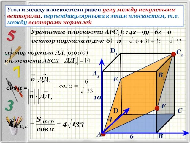 Е Угол α между плоскостями равен углу между ненулевыми векторами,