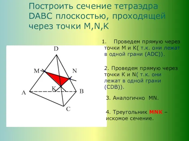 Построить сечение тетраэдра DABC плоскостью, проходящей через точки M,N,K Проведем