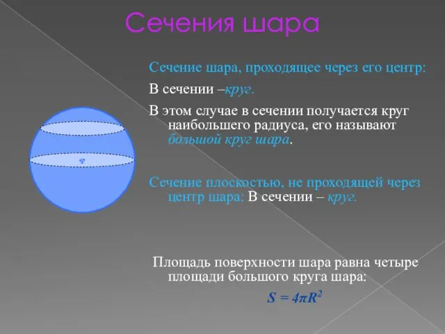 Сечения шара Сечение шара, проходящее через его центр: В сечении