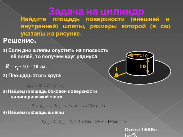 Задача на цилиндр Решение. 1) Если дно шляпы опустить на