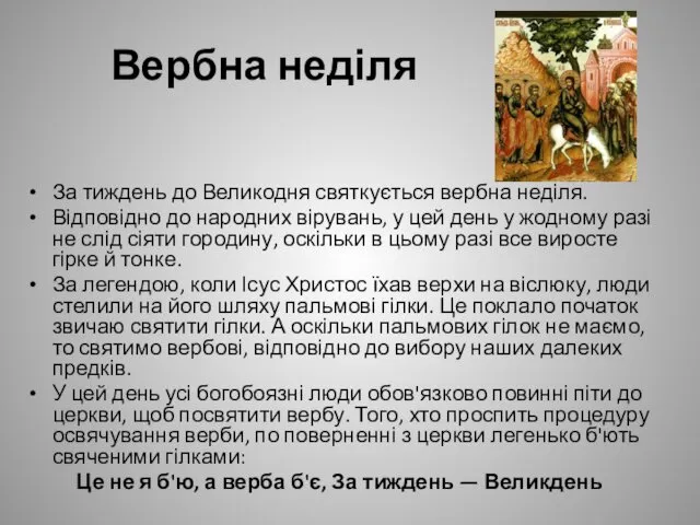 Вербна неділя За тиждень до Великодня святкується вербна неділя. Відповідно