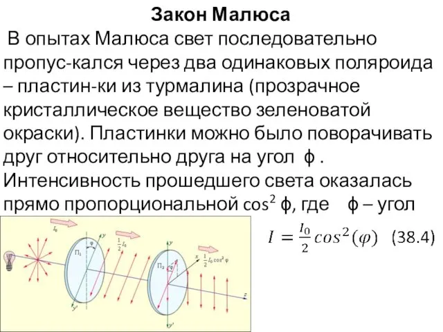 В опытах Малюса свет последовательно пропус-кался через два одинаковых поляроида