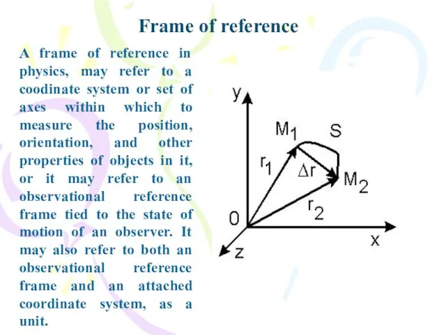 A frame of reference in physics, may refer to a