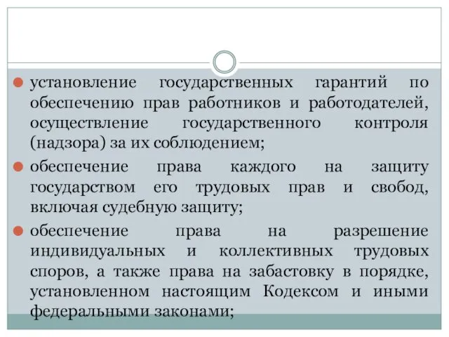 установление государственных гарантий по обеспечению прав работников и работодателей, осуществление