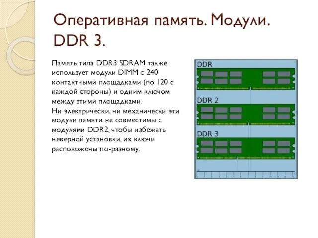 Оперативная память. Модули. DDR 3. Память типа DDR3 SDRAM также использует модули DIMM