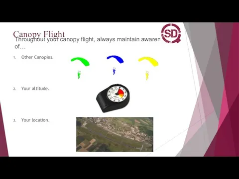 Canopy Flight Throughout your canopy flight, always maintain awareness of… Other Canopies. Your altitude. Your location.