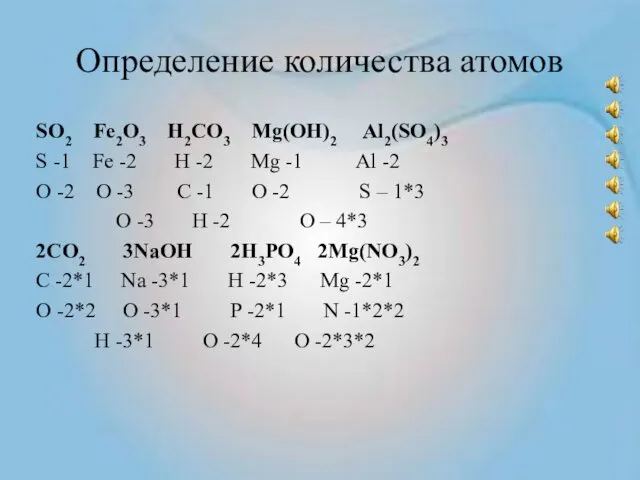 Определение количества атомов SO2 Fe2O3 H2CO3 Mg(OH)2 Al2(SO4)3 S -1