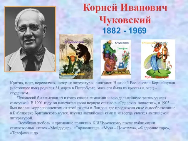 Корней Иванович Чуковский Критик, поэт, переводчик, историк литературы, лингвист. Николай Васильевич Корнейчуков (настоящее