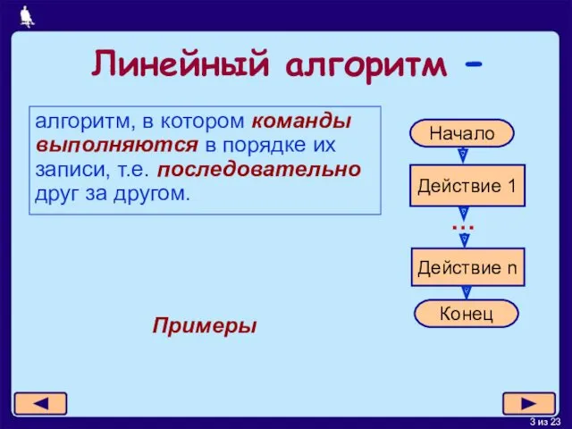 Линейный алгоритм - алгоритм, в котором команды выполняются в порядке