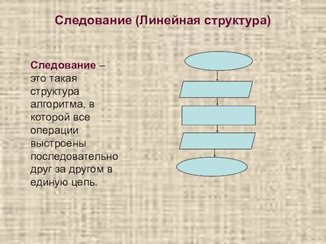 Следование (Линейная структура) Следование – это такая структура алгоритма, в