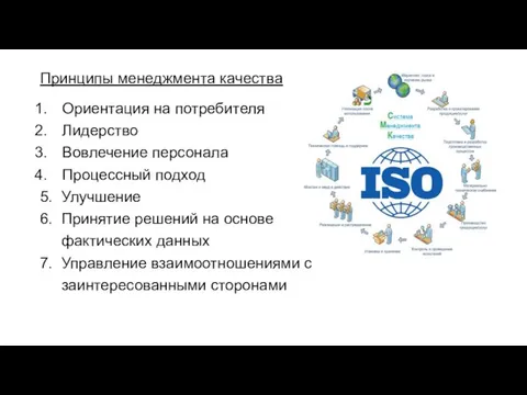 Принципы менеджмента качества Ориентация на потребителя Лидерство Вовлечение персонала Процессный