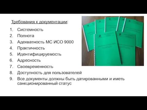 Требования к документации: Системность Полнота Адекватность МС ИСО 9000 Практичность