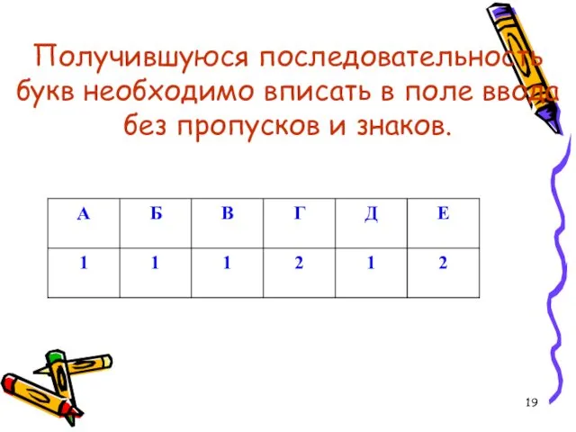 Получившуюся последовательность букв необходимо вписать в поле ввода без пропусков и знаков.