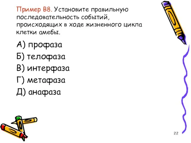 Пример В8. Установите правильную последовательность событий, происходящих в ходе жизненного