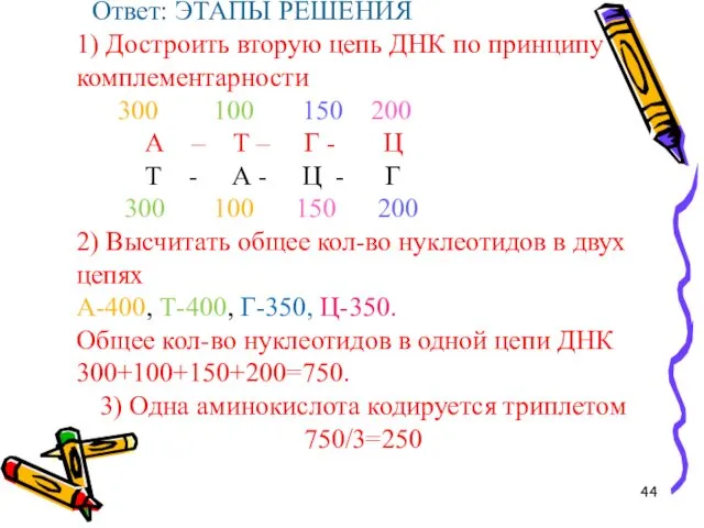 Ответ: ЭТАПЫ РЕШЕНИЯ 1) Достроить вторую цепь ДНК по принципу