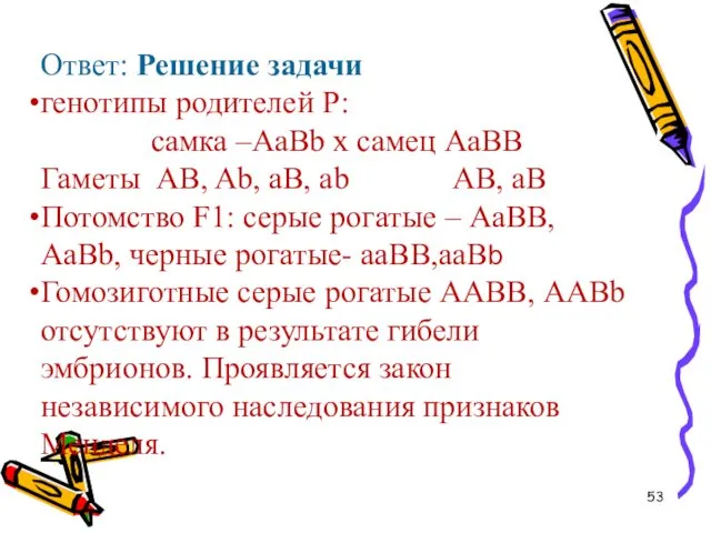 Ответ: Решение задачи генотипы родителей Р: самка –АaBb х самец