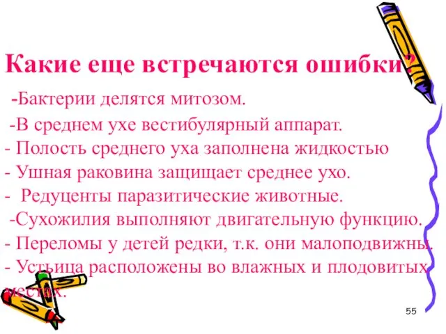 Какие еще встречаются ошибки? -Бактерии делятся митозом. -В среднем ухе