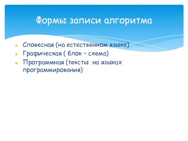 Словесная (на естественном языке) Графическая ( блок – схема) Программная