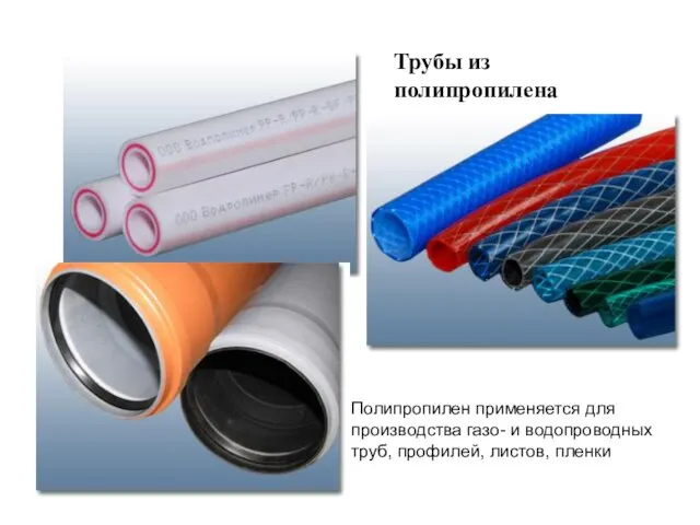 Трубы из полипропилена Полипропилен применяется для производства газо- и водопроводных труб, профилей, листов, пленки
