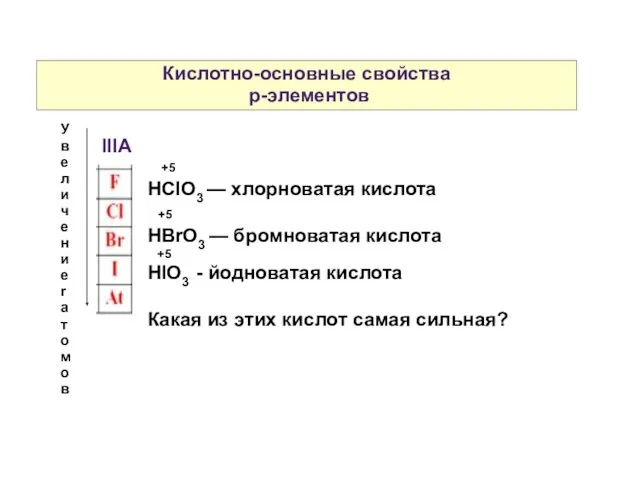 Кислотно-основные свойства p-элементов IIIA Увеличение r атомов +5 HСlO3 — хлорноватая кислота +5