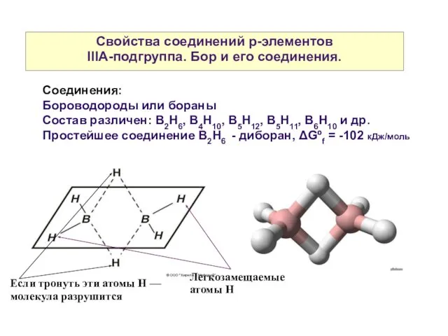 Свойства соединений р-элементов IIIА-подгруппа. Бор и его соединения. Соединения: Бороводороды или бораны Состав