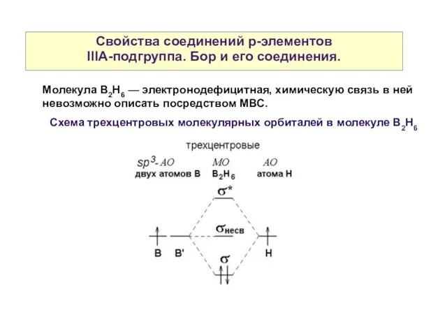 Свойства соединений р-элементов IIIА-подгруппа. Бор и его соединения. Молекула B2H6 — электронодефицитная, химическую