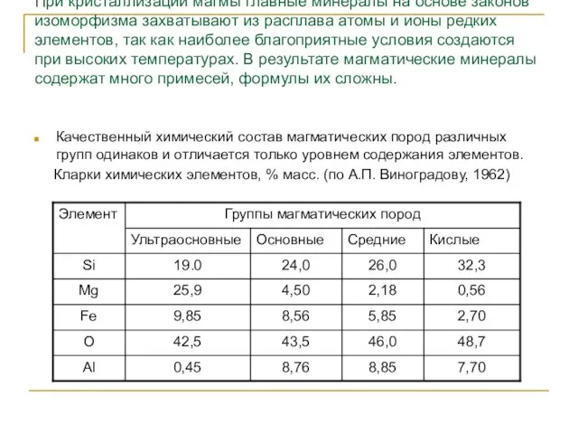 При кристаллизации магмы главные минералы на основе законов изоморфизма захватывают