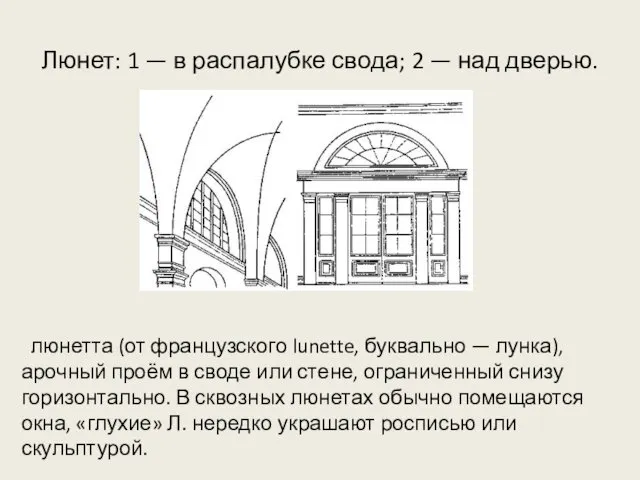 Люнет: 1 — в распалубке свода; 2 — над дверью.