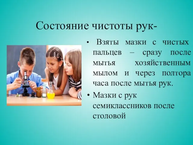 Состояние чистоты рук- Взяты мазки с чистых пальцев – сразу после мытья хозяйственным