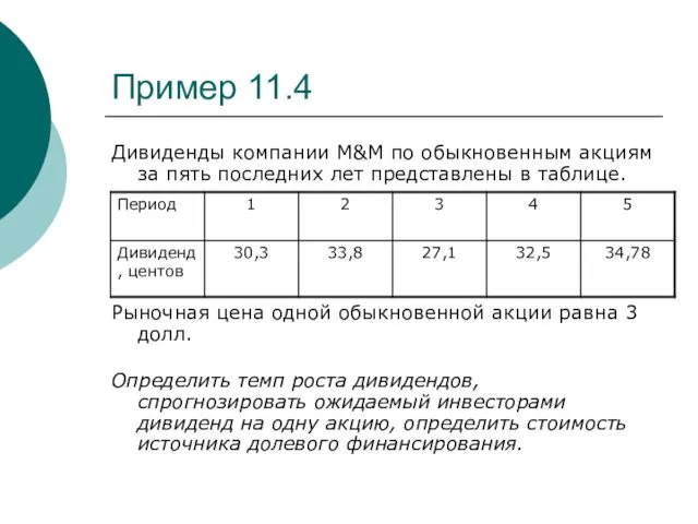 Пример 11.4 Дивиденды компании М&М по обыкновенным акциям за пять