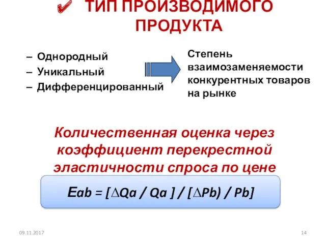 ТИП ПРОИЗВОДИМОГО ПРОДУКТА Однородный Уникальный Дифференцированный Степень взаимозаменяемости конкурентных товаров