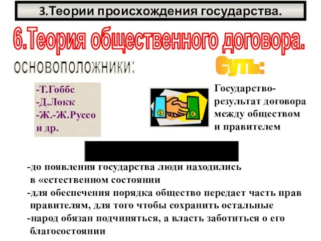 3.Теории происхождения государства. 6.Теория общественного договора. основоположники: -Т.Гоббс -Д.Локк -Ж.-Ж.Руссо