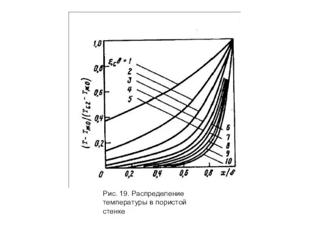 Рис. 19. Распределение температуры в пористой стенке