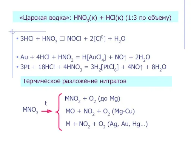 «Царская водка»: HNO3(к) + HCl(к) (1:3 по объему) 3HCl +