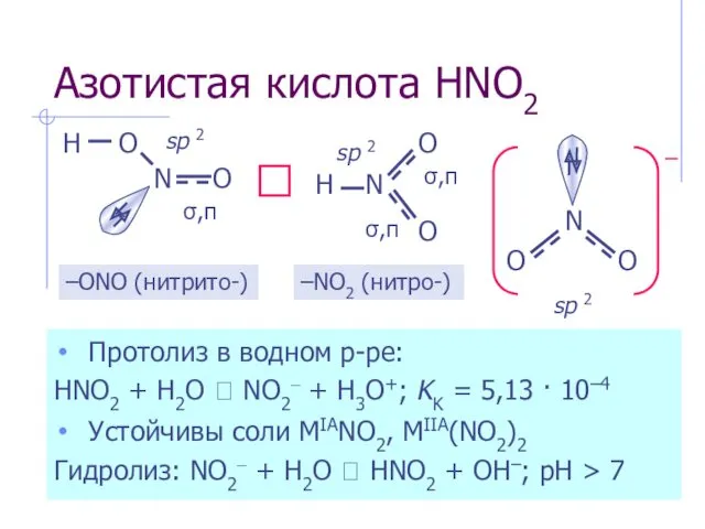 Азотистая кислота HNO2 Протолиз в водном р-ре: HNO2 + H2O