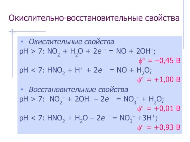 Окислительно-восстановительные свойства Окислительные свойства рН > 7: NO2–+ H2O +