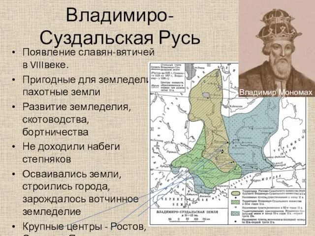 Владимиро-Суздальская Русь Появление славян-вятичей в VIIIвеке. Пригодные для земледелия пахотные