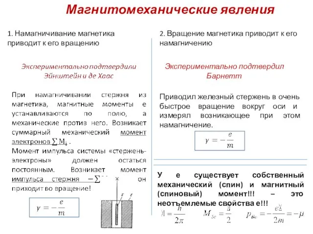 Магнитомеханические явления 1. Намагничивание магнетика приводит к его вращению 2.