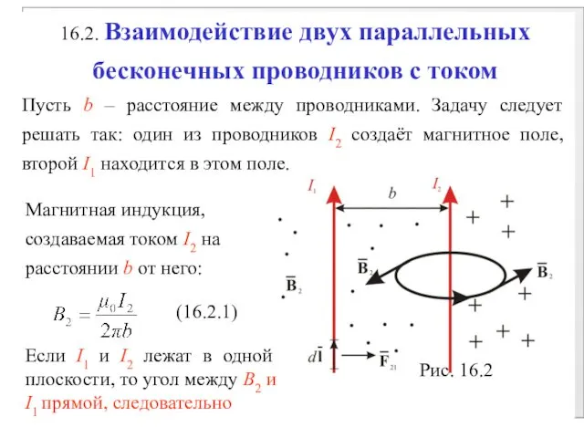 16.2. Взаимодействие двух параллельных бесконечных проводников с током Пусть b – расстояние между