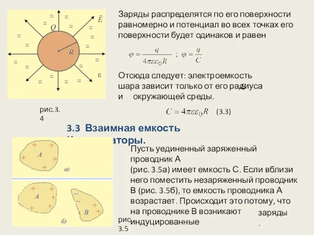 рис.3.4 Заряды распределятся по его поверхности равномерно и потенциал во