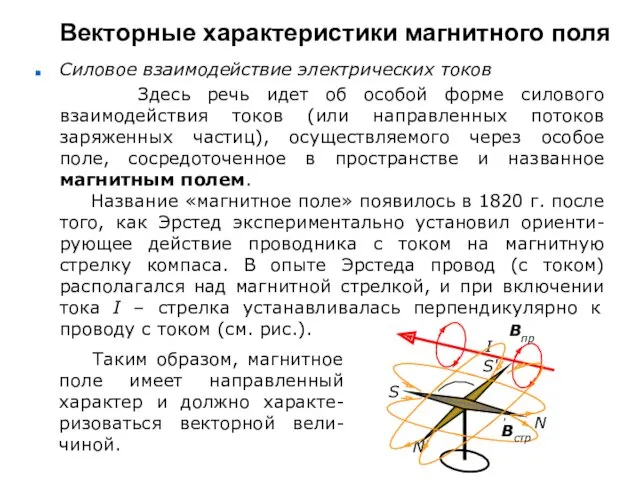 Векторные характеристики магнитного поля Силовое взаимодействие электрических токов Здесь речь