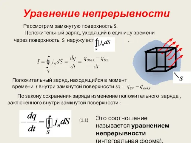 Уравнение непрерывности Рассмотрим замкнутую поверхность S. Положительный заряд, уходящий в