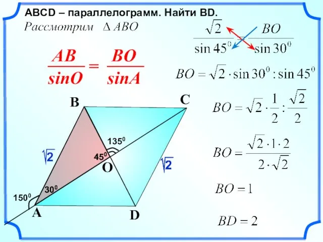 ABСD – параллелограмм. Найти ВD. D A B 1350 C 1500 O 300 450 450 300