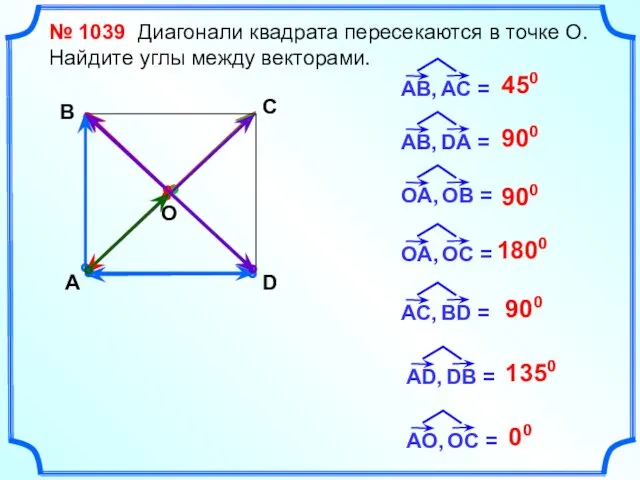 № 1039 Диагонали квадрата пересекаются в точке О. Найдите углы