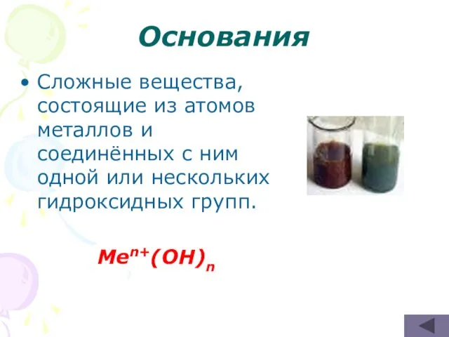 Основания Сложные вещества, состоящие из атомов металлов и соединённых с