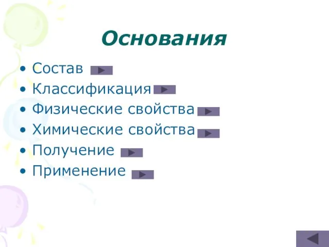 Основания Состав Классификация Физические свойства Химические свойства Получение Применение