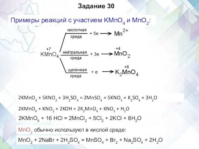 Задание 30 Примеры реакций с участием KMnO4 и MnO2: 2KMnO4