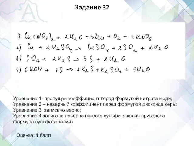 Уравнение 1- пропущен коэффициент перед формулой нитрата меди; Уравнение 2