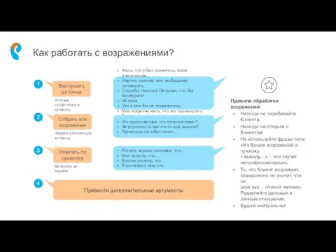 Как работать с возражениями? Выслушать до конца Условно согласиться и