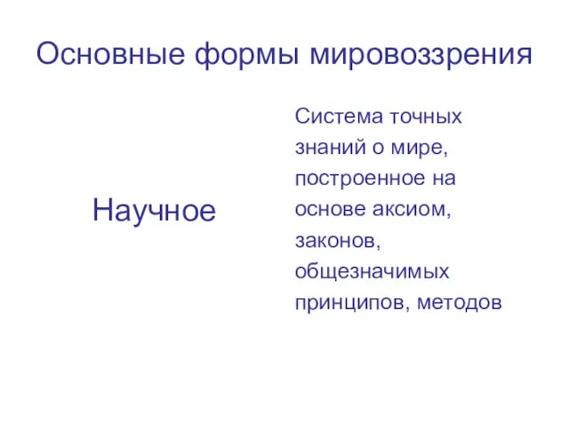 Основные формы мировоззрения Научное Система точных знаний о мире, построенное